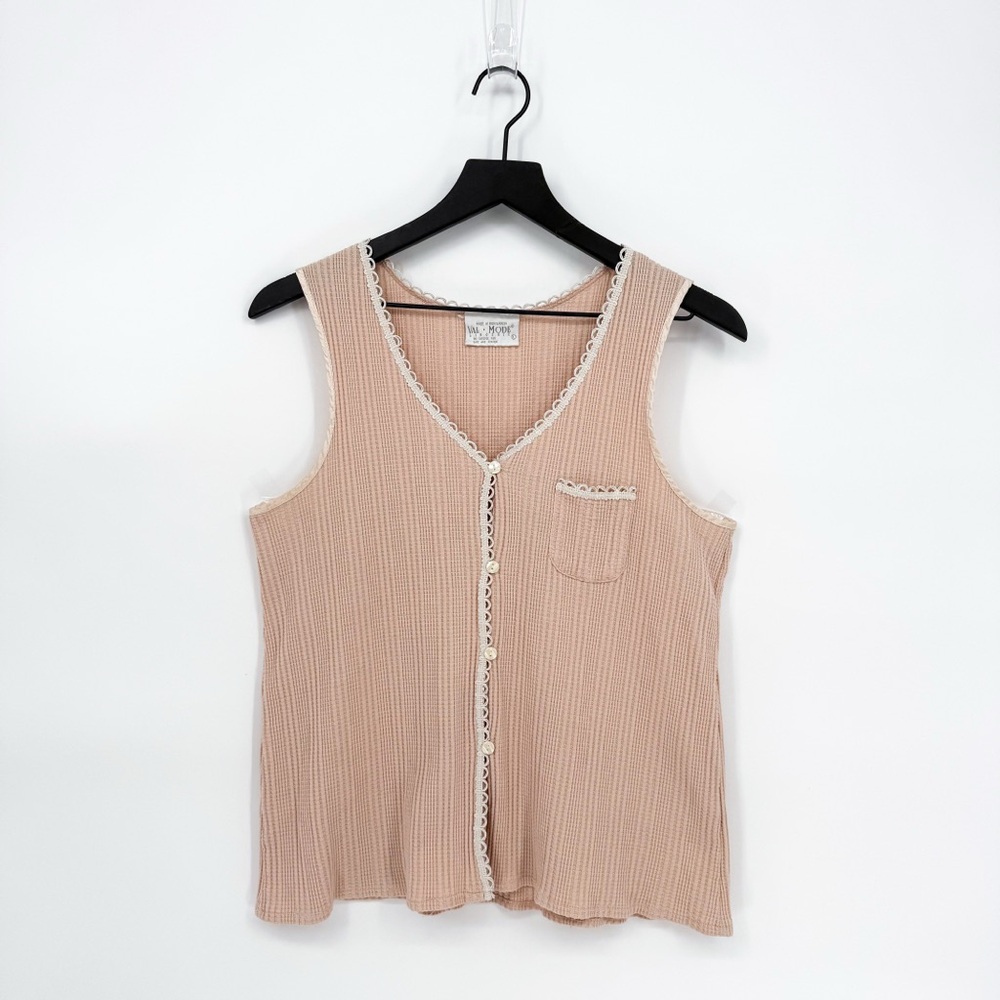 Vintage Val Mode Coquette Waffle Knit Lingerie Tank Pale Pink | Large